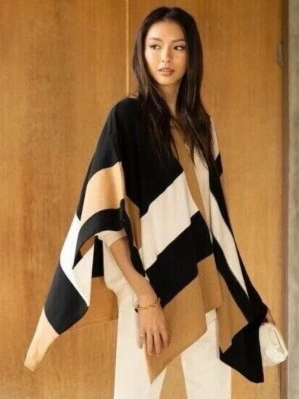 Parrish LA Stevie Colorblock Poncho Cardigan Wrap OS Black Tan Cream Boho